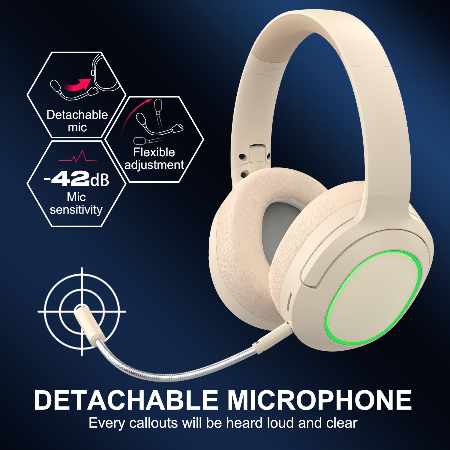 Wireless Gaming Headset, 2.4G/Bluetooth Gaming Headphones with Detachable Noise Cancelling Mic, RGB Over Ear Headphones with Stereo Bass Surround, 3.5mm Wired for PS4 PS5 Xbox PC, Khaki
