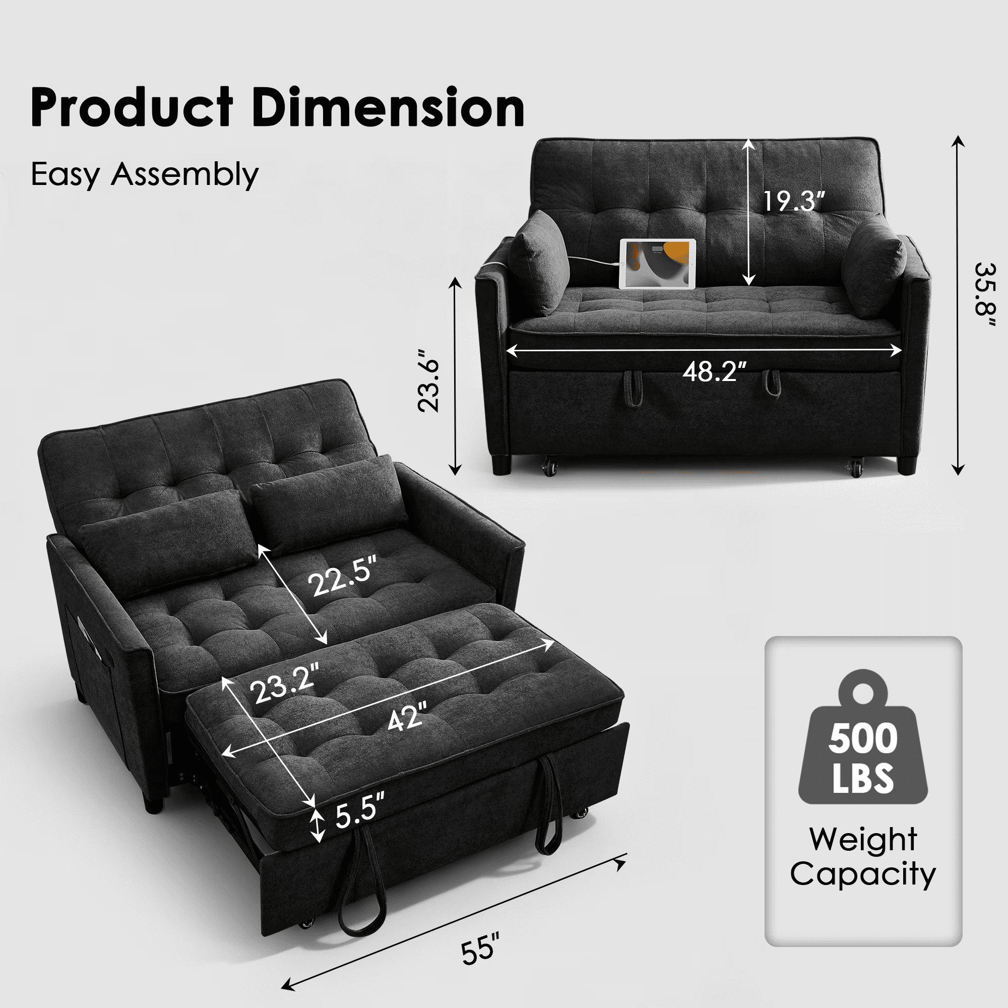 Howcool 55" Sleeper Sofa Bed, 3-in-1 Pull Out Convertible Loveseat Couch with 5-Level Adjustable Backrest, USB Port & Side Pocket, Terry Fabric Sofa for Living Room, Bedroom & Small Spaces, Black