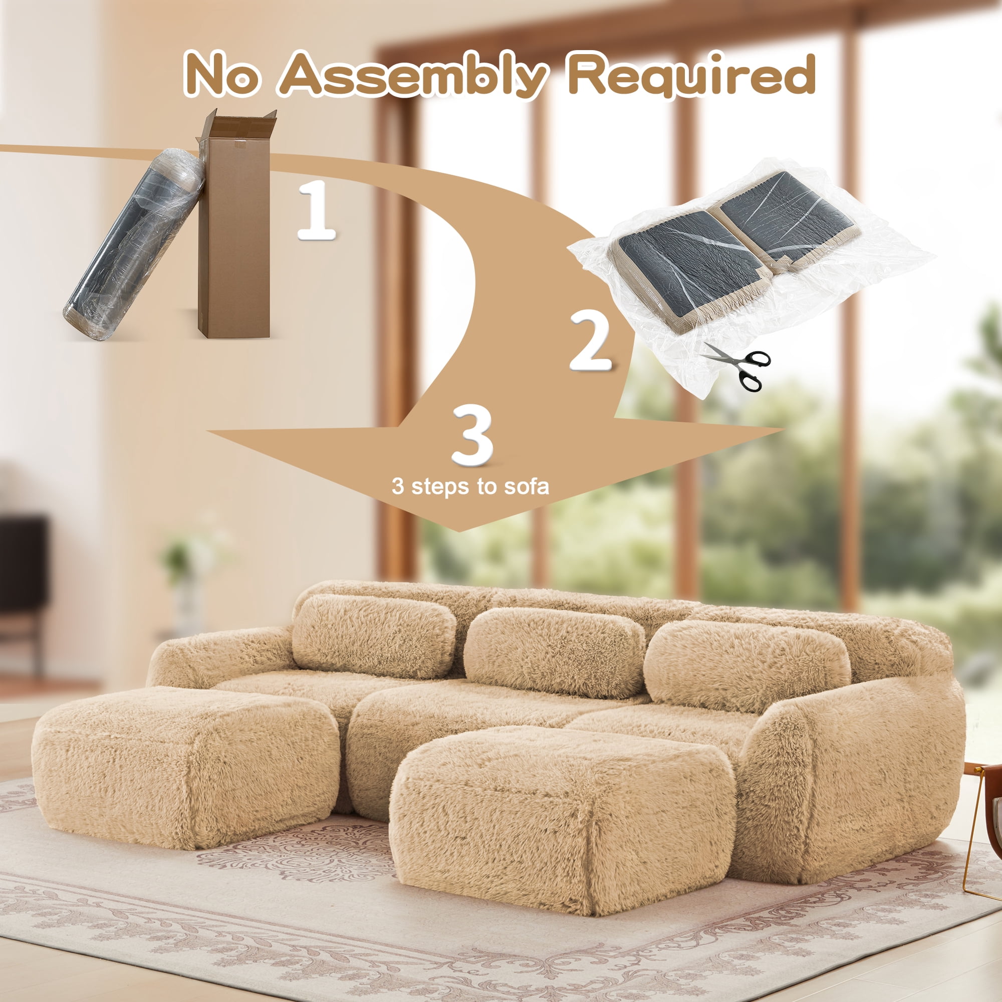 MAYEERTY 114.7"U-Shaped Plush Boneless Sofa, Khaki 32D High Density Foam Deep Seat Vacuum Compression Modular Couch with Chaise for Bedroom Study Home Theater