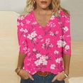 thumbnail image 2 of YUGYXL Women's Fashion Flower Graphic Tees 3/4 Length Sleeve Tshirts Casual V Neck Soft Lightweight Shirts Ladies Tunics Comfy Blouse Holiday Top, 2 of 5