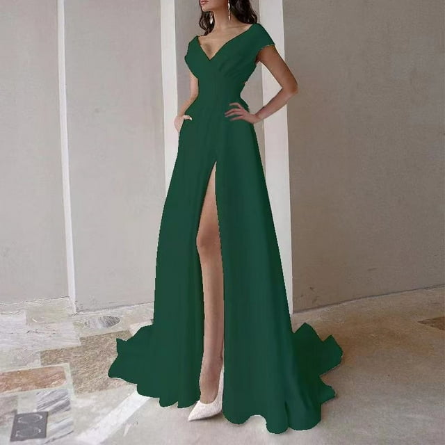 Generic 2025 Wrapped Chest Ruffled Red Black White Medium Waist Solid Color Temperament Commute Maxi Dress Evening Dress