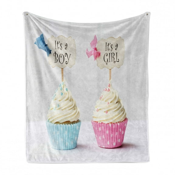 Gender Reveal Soft Flannel Fleece Throw Blanket, Boy and Girl with Cupcakes Yummy Chocolate Celebration Theme, Cozy Plush for Indoor and Outdoor Use, 60" x 80", Pale Blue and Pink Cream, by Ambesonne