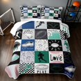 thumbnail image 2 of Manfei Boys Sport Bed Spread Queen, Football Checkered Queen Coverlet Set, Navy Green, Black Reversible 3pcs, 1 Quilt and 2 Pillowcases, 2 of 7