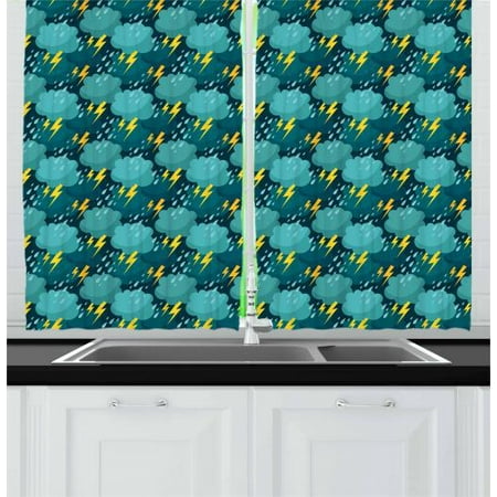 Blue and Yellow Curtains 2 Panels Set, Wet Autumn Weather Heavy Rainfall Deluge with Thunder, Window Drapes for Living Room Bedroom, 55W X 39L Inches, Turquoise Dark Teal and Yellow, by Ambesonne