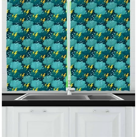 Blue And Yellow Curtains 2 Panels Set Wet Autumn Weather Heavy Rainfall Deluge With Thunder Window Drapes For Living Room Bedroom 55w X 39l Inches