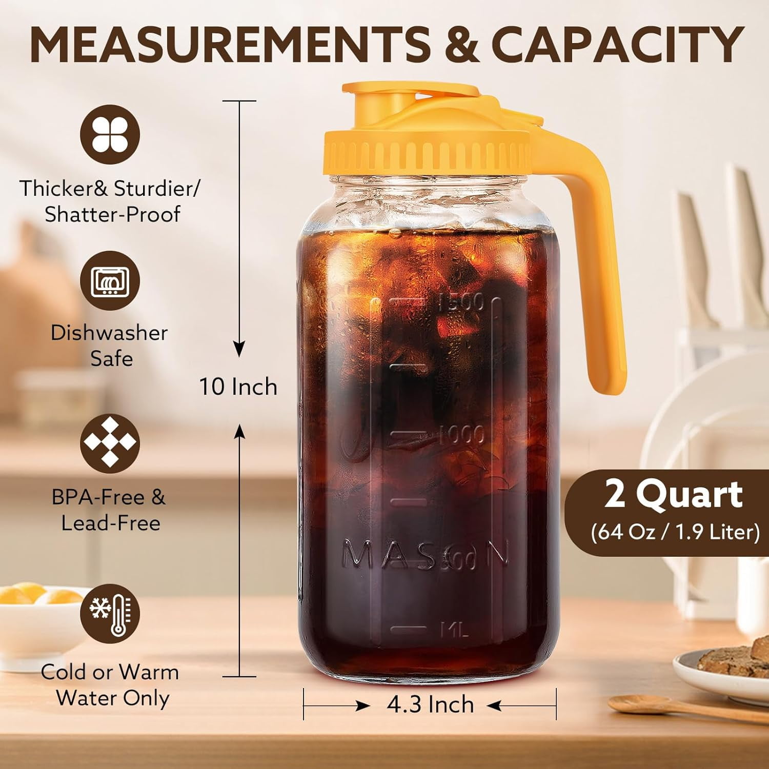 SUMMIT Glass Pitcher with Lid, 64 OZ Mason Jar Pitcher Double Leak Proof, 2 Quart Breast Milk Storage Containers for Fridge, Wide Mouth Glass Jar for Sun Tea, Juice, Cold Brew Coffee