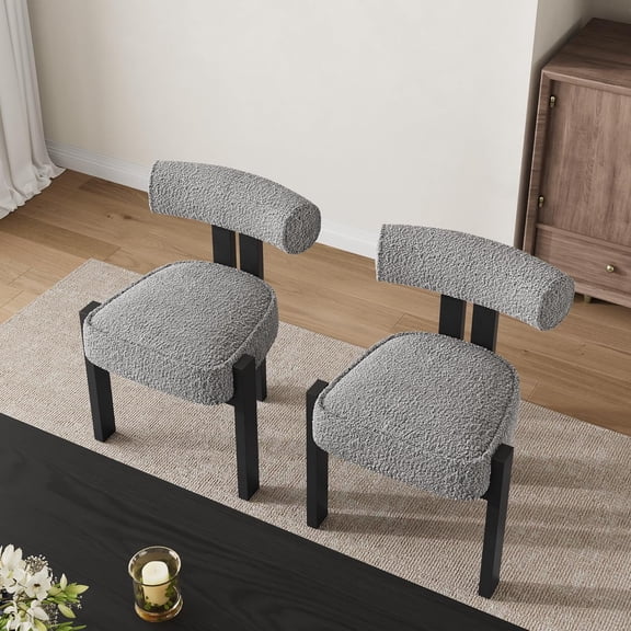 Upholstered Dining Chairs Set of 2,Modern Boucle Dining Room Chairs with Ergonomic Curved Back, Comfortable Kitchen Chairs with Rubber Wood Legs for Dining Room or Living Room,Black Set of 2