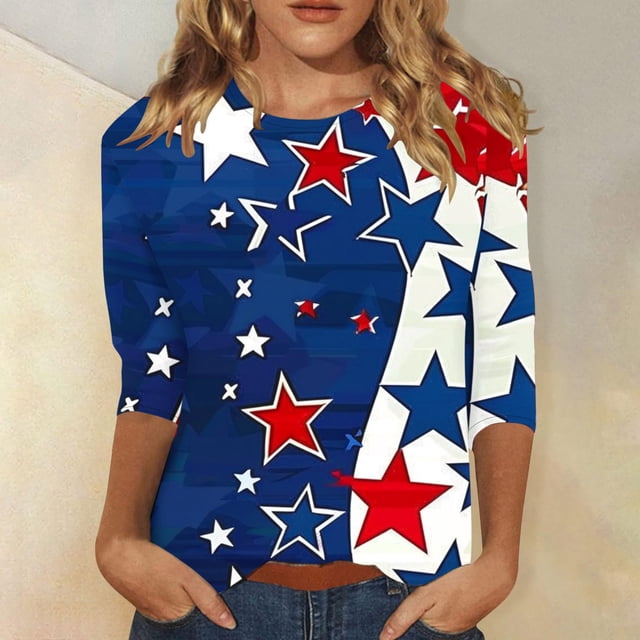 Fridja Liquidation Tenues Rouges et Bleues pour Femmes Mode Jour de l'Indépendance T-shirt Imprimé Manches 3/4 Blouse Col Rond Hauts Décontractés pour Rendez-Vous (Marine, m)