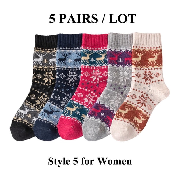 Calcetines Retro de lana para mujer, medias gruesas de tubo medio, rayas, rombos, ciervos, flores, nieve, estilo étnico, 5 pares