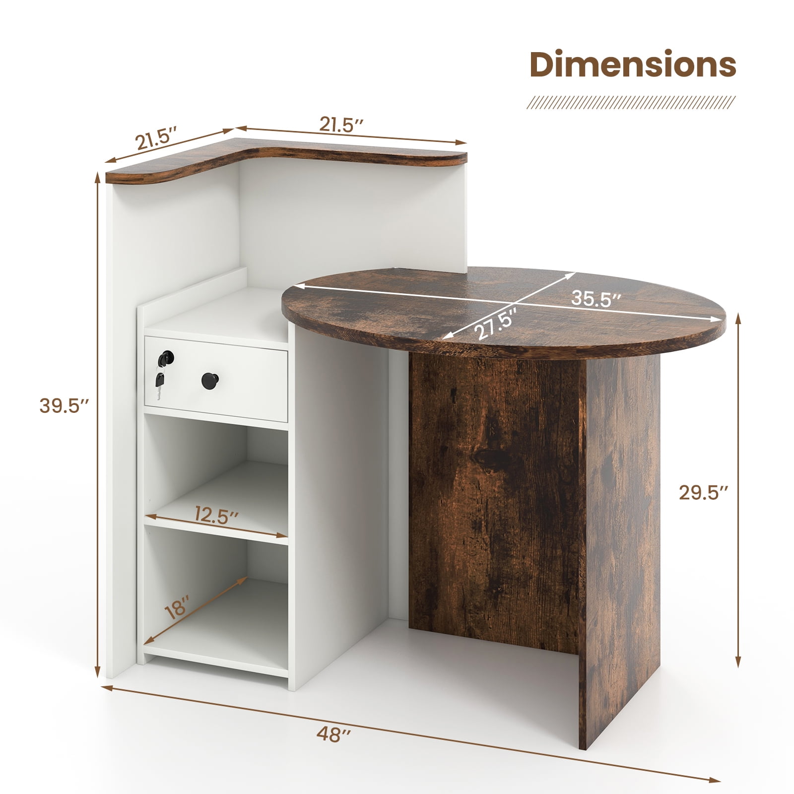 Giantex Reception Desk, Computer Workstation w/Lockable Drawer & Open Shelves, Checkout Counter, Rustic Brown & White