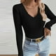 thumbnail image 1 of Suéter de cuello en V para mujer, blusa de poliéster de manga larga, color liso y moderno., 1 of 6