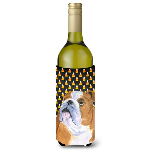 Carolines Treasures SS4285LITERK Bulldog English Candy Corn Halloween Portrait Wine Bottle Hugger Wine Bottle multicolor