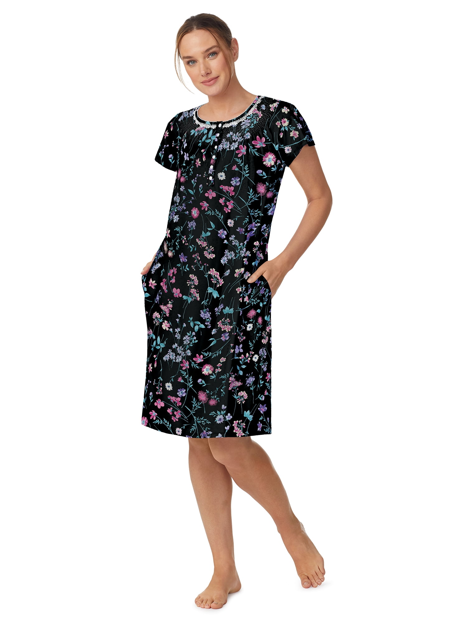 Aria Women's 100% Cotton Raglan Sleeve Smocked Neck 40" Sleepwear Gown, Sizes XS-5X