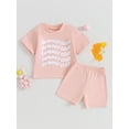 thumbnail image 2 of Biekopu Baby Shorts Set, Short Sleeve Crew Neck Letters Printed T-shirt with Shorts 2-piece Outfit, 2 of 9