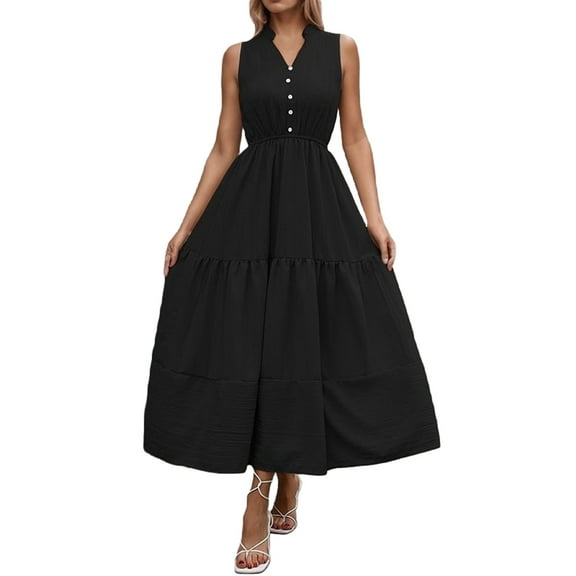 Women's Casual V Neck Sleeveless Dress Basic Solid Color Everyday Summer Spring Outfit With Necklace Styling