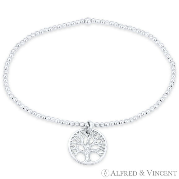 Tree-of-Life Religious Charm & Polished Ball Bead Stretch Bracelet in .925 Sterling Silver