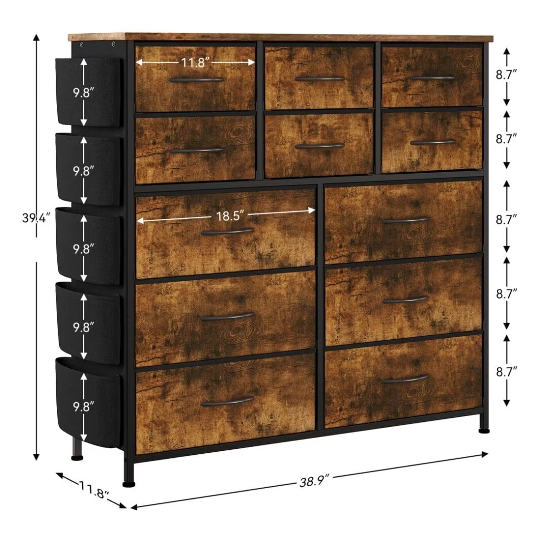 Dresser for Bedroom with 12 Drawers, Wide Fabric Dressers of Drawers with Side Pockets, Chest of Drawers for Living Room, Closet, Hallway, Brown