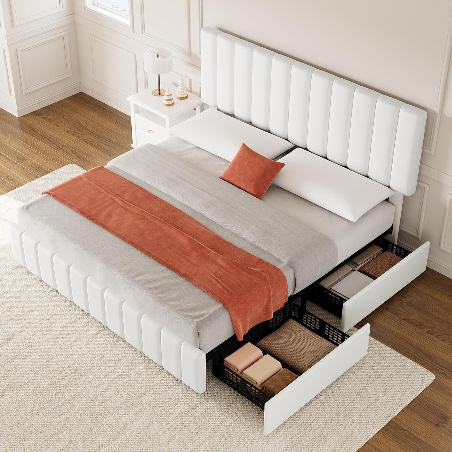 QUEEN Size Storage Bed Frame, Vertical Channel Tufted Adjustable Headboard, Linen Upholstered Platform Bed with 4 Oversized Underbed Drawers, Wooden Slats Support, No Box Spring Needed, Noise-Free