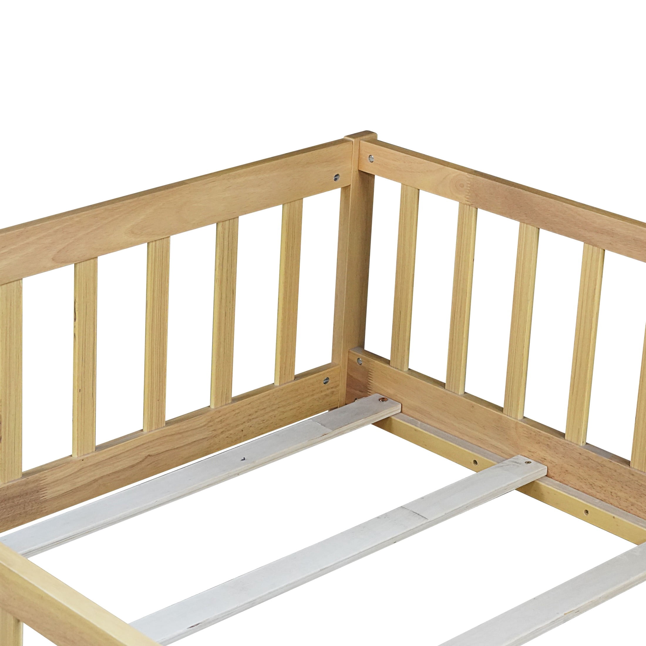 Noble House Erika Twin Floor Bed with Safety Fence, Rubber Wood Montessori Bed Frame, Kid's Room, Natural