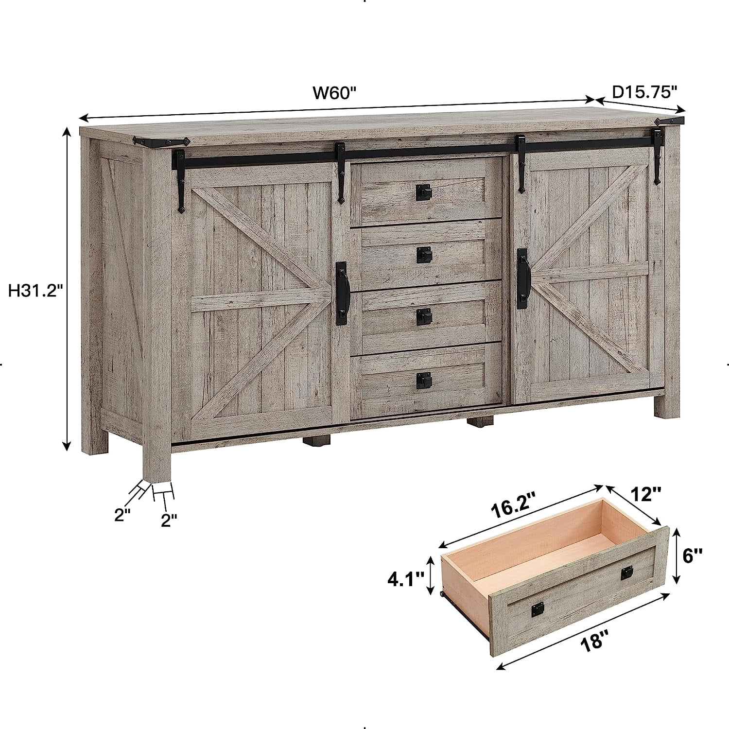 OKD 60" Farmhouse Dresser 4 Drawer Modern Storage Cabinet with Sliding Barn Door for Bedroom, Chest of Drawers Wood Organizer TV Stand for Living Room, Light Rustic Oak