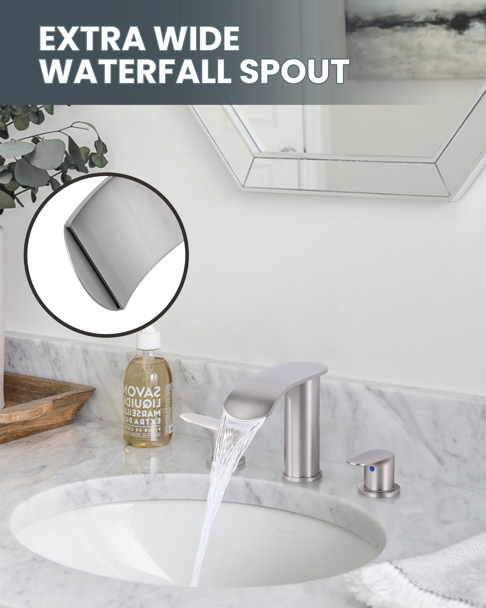 WOWOW Waterfall Bathroom Faucet 3 Holes 8Inch Widespread Bathroom Sink Faucet
