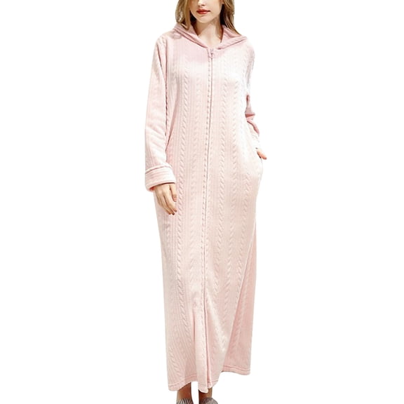 Lxkfashion Womens Housecoat Zip Robe, Fleece Zip Up Front Robe Bathrobe, Plush Warm Zipper House Coat Lounger with Pockets, Long Pink