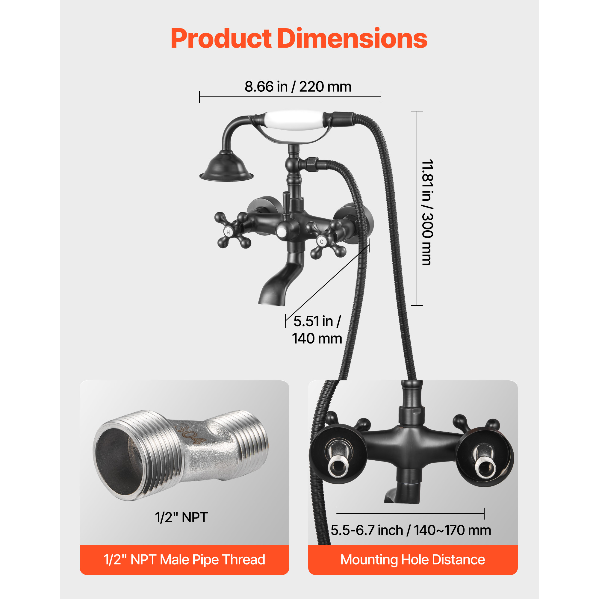 KFFKFF Wall-Mounted Clawfoot Tub Faucet with Handheld Shower, Vintage Oil-Rubbed Bronze Bathtub Filler Kit Featuring Adjustable Swing Arms and 360° Rotating Spout