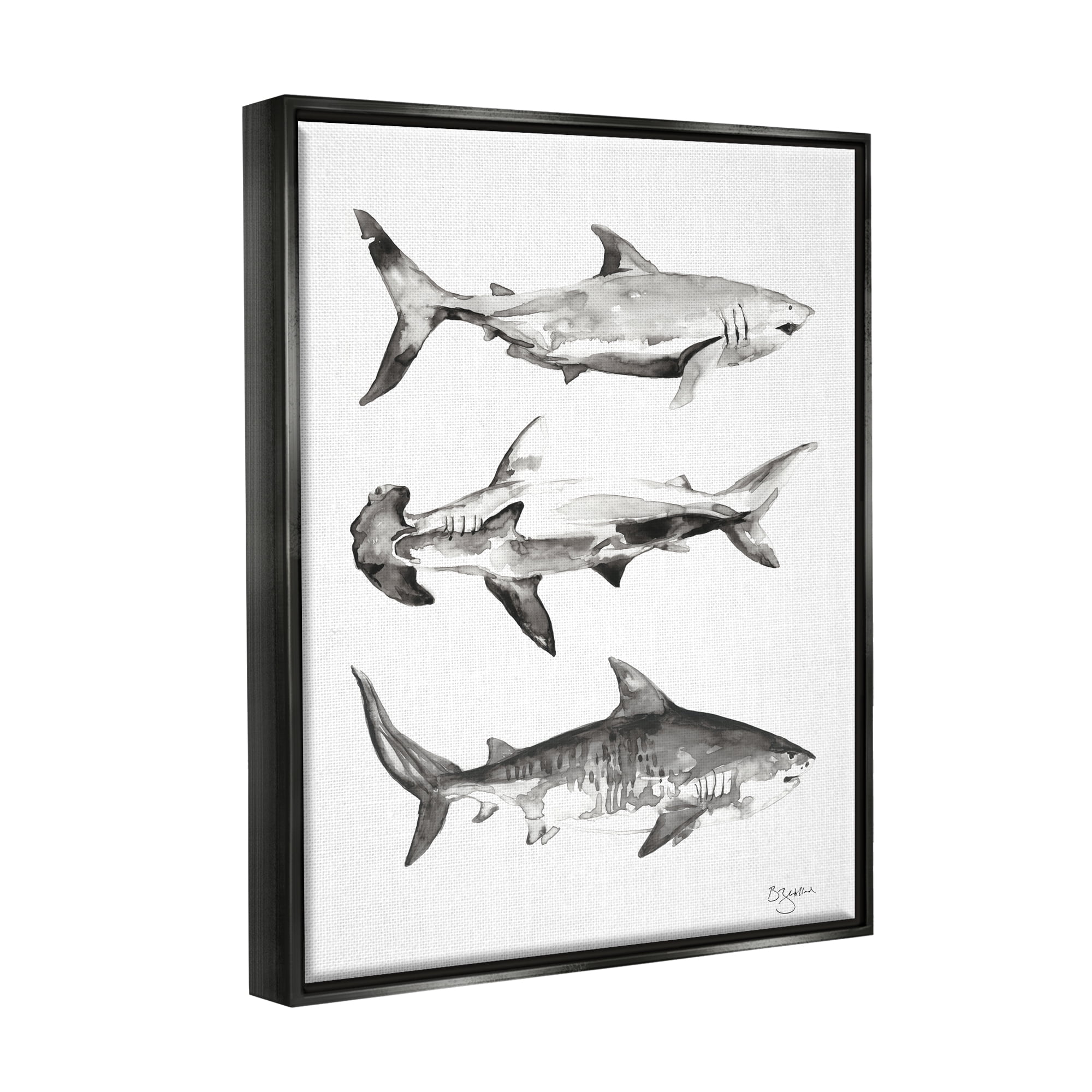 Stupell Industries Nautical Shark Trio Animals & Insects Painting Black Floater Framed Art Print Wall Art, 25 x 31