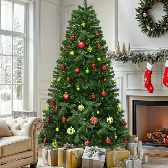 6/ 7. 5/ 9ft Green Spruce Artificial Christmas Tree, Artificial Pine Tree with 880/ 1346/ 2028 Branch Tips and Metal Hinges, and Foldable Base for Home, Office, and Party Decorations