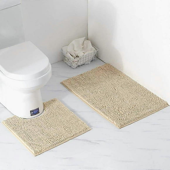 Ensemble de Tapis de Badrum Halkfri, 2 Tapis de Badrum Delar 50x80cm, Tapis de Toalett en Microfibre Chenille 50x50cm, Tapis de Masque pour Badrum (Kaki)
