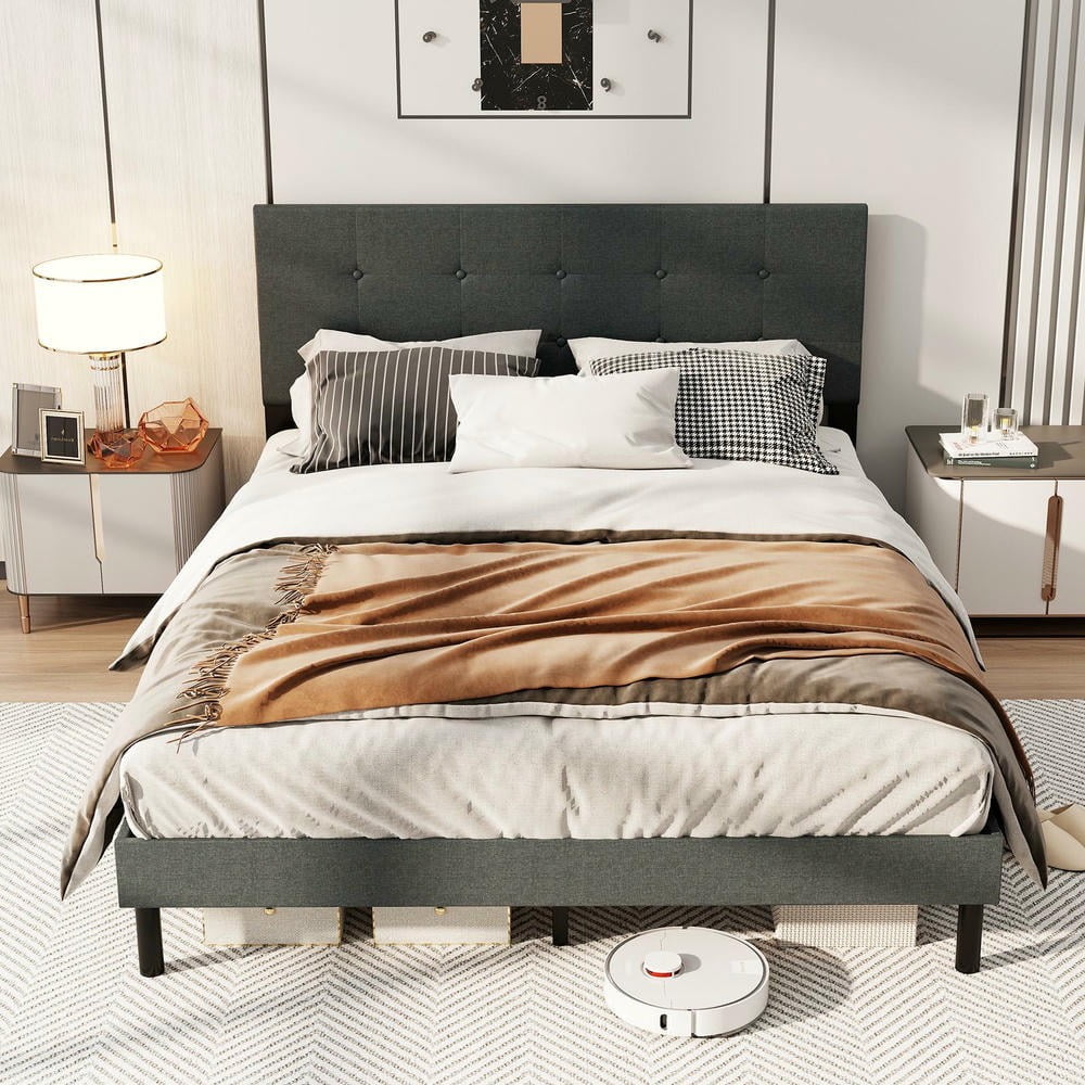 GVN Queen Size Upholstered Sturdy Bed Frame, Linen Platform Bedroom Platform Bed Frame for Apartment, Bedroom, Dark Gray