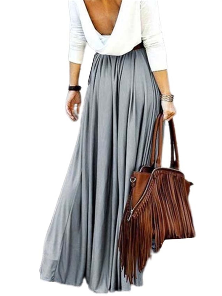 Women Fashion Solid Color Long Skirt Elegant Skirts Pleated Maxi Skirts
