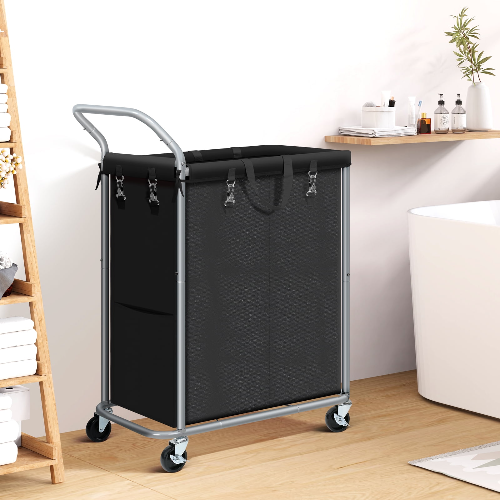 Ollieroo Laundry Hamper with Wheels,140L Rolling Laundry Hamper,2-Section Rolling Laundry Hamper with Removable Liner & Handles for Clothes Storage, Laundry Room,Black