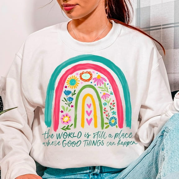 Positive Boho Floral Quote Sweatshirt, Peace Inspirational Kindness Pullover, Rainbow Brush Flowers Shirt