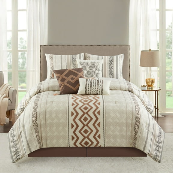 Lanco Royal Sana 7 Piece Comforter Bedding Set, Beige/Ivory/Taupe, Bed Size Queen, Geometric Prints, 3D Terry Embroidery
