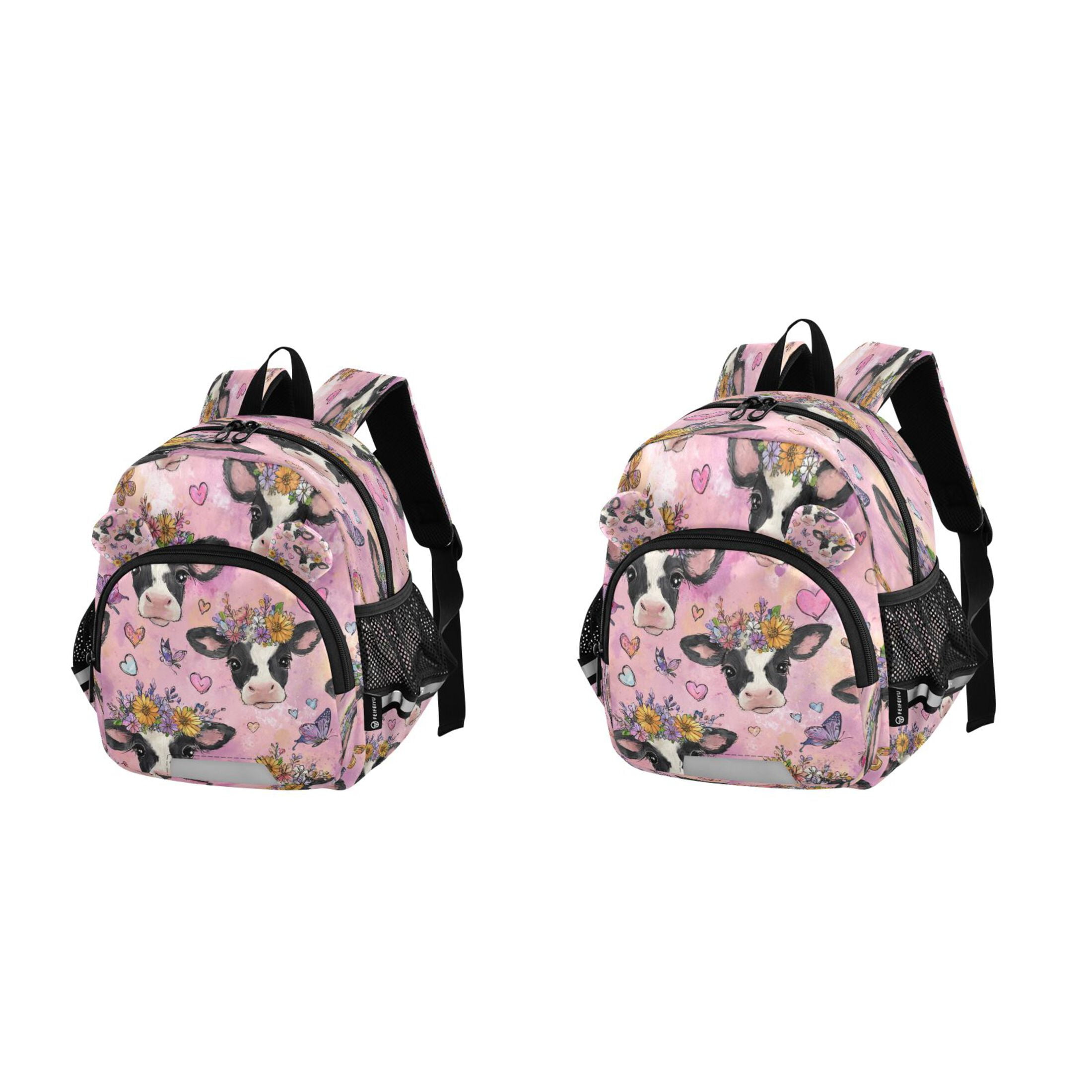 RMDQTR Adorable Ear-Print Backpack with Reflective Strip and Anti-Lost Leash Adjustable Shoulder Straps Mini Travel Backpack Beautiful Cows with Flowers
