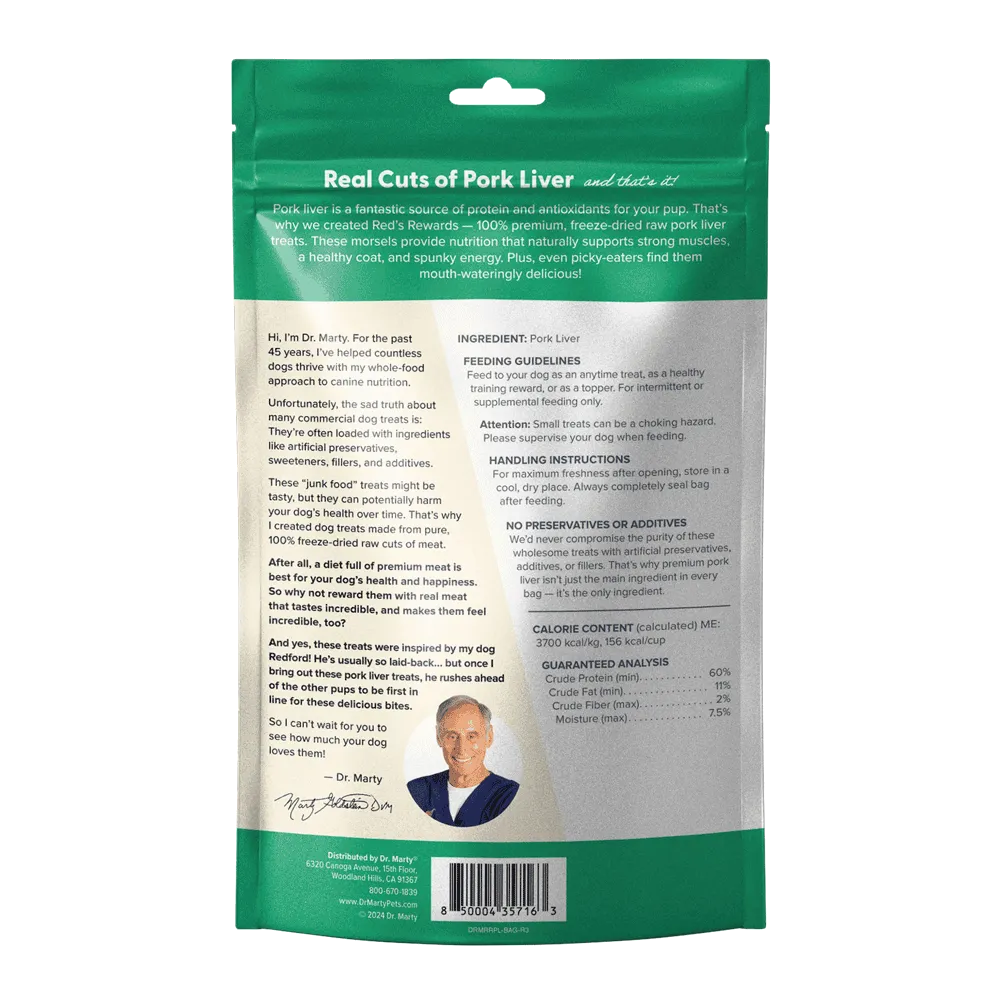 Dr. Marty Red's Rewards 100% Freeze-Dried Raw Pork Liver Dog Treats, Single-Ingredient, Grain-Free, High-Protein, 8 oz