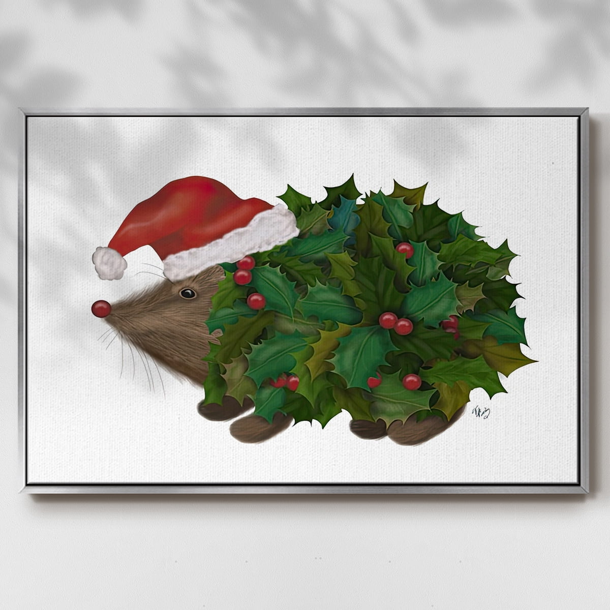 Christmas Holly Hedgehog - Framed Gallery Wrapped Holiday Canvas - 17 x 25 - Silver Frame