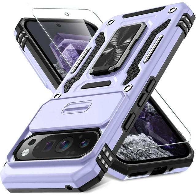 KOMI Case for Google Pixel 9/9 Pro with Slide Camera Cover+Screen Protector(1 Pack), Rotated Ring Kickstand Military Grade Shockproof Protective Cover-Light Purple