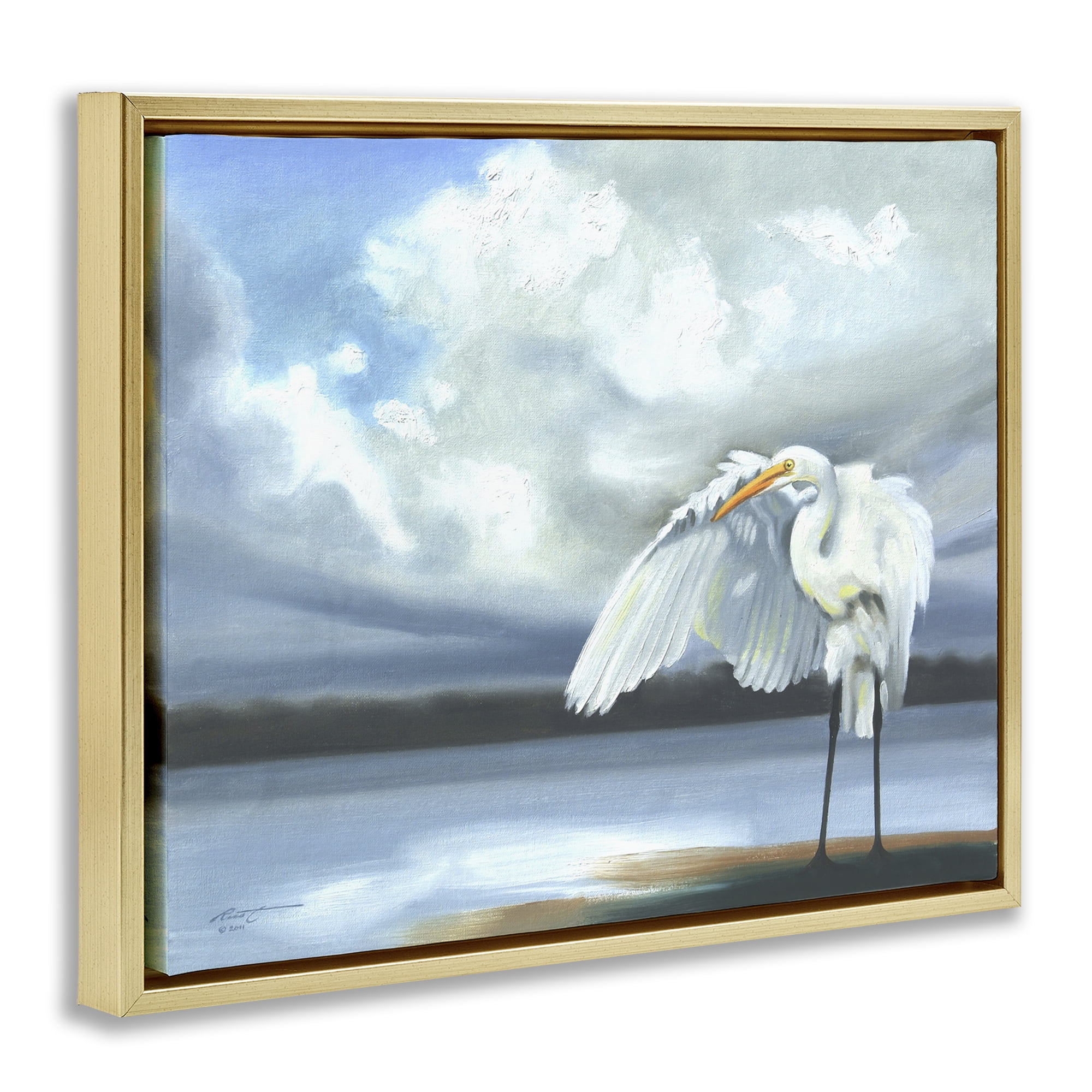 Stupell Industries Egret on Cloudy Beach Shore Animals & Insects Painting Gold Floater Framed Canvas Art Print Wall Art, 31 x 25