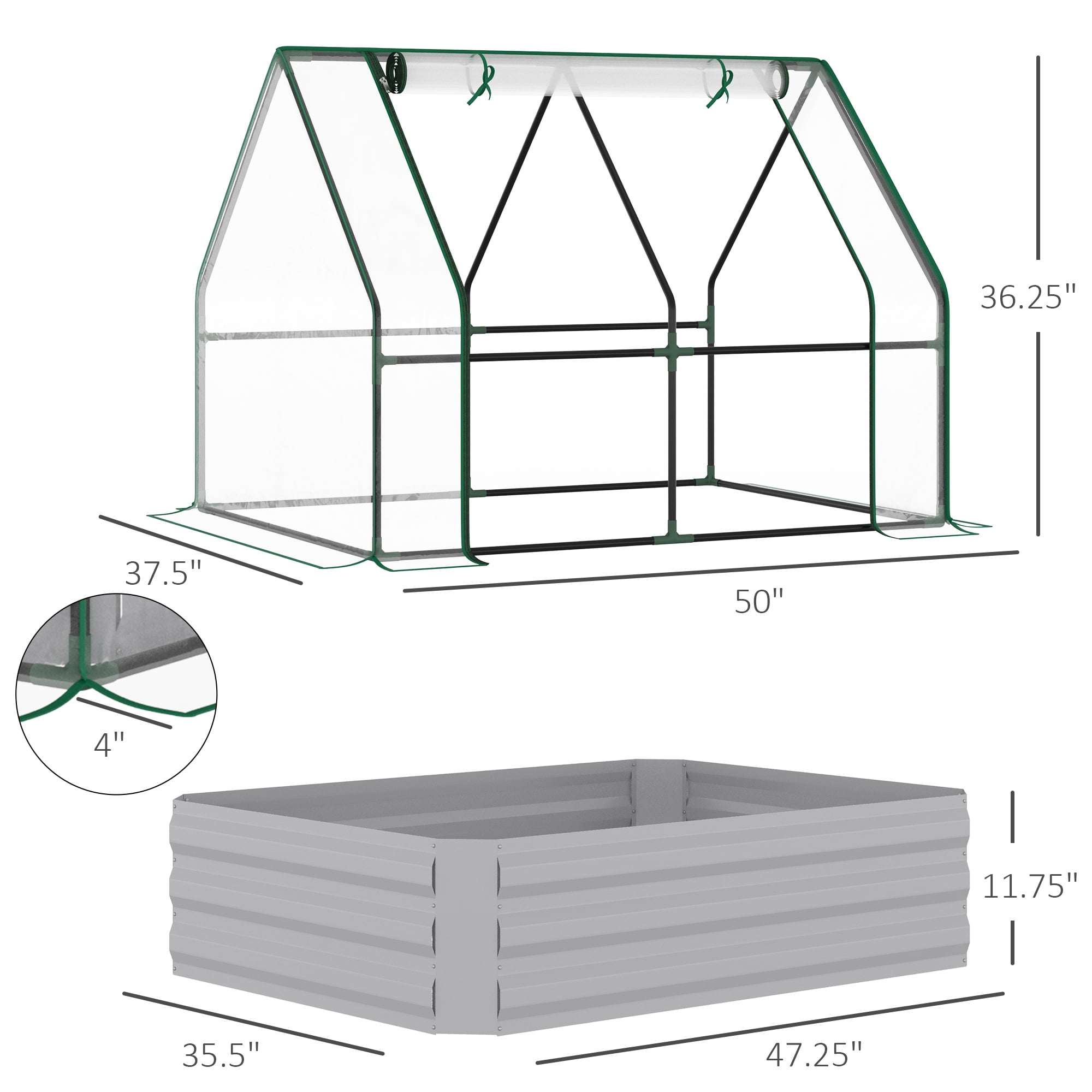 AsterOutdoor 4x3-Foot Galvanized Raised Garden Bed with Mini PVC Greenhouse Cover and 2 Roll-Up Windows, (1 Kit)