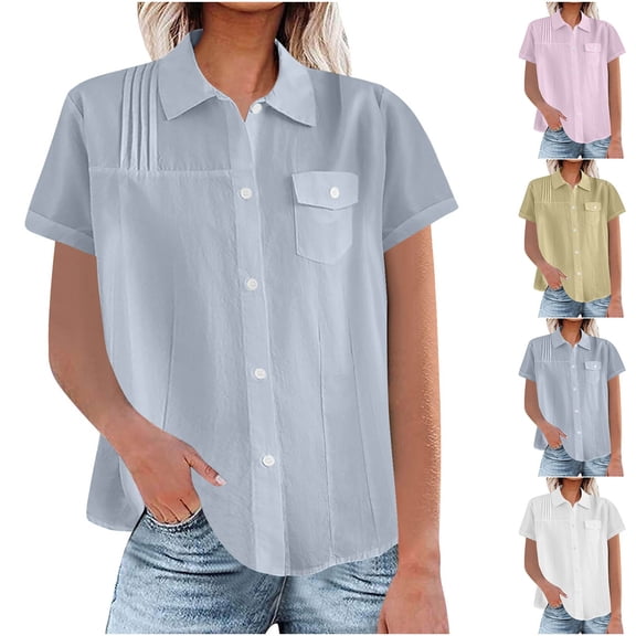 Antinious Summer Tops for Women Trendy,Sweatshirt for Women,Ladies Short Sleeve Lapel Pocket Pleated Casual Loose Shirt,Pink,XXL