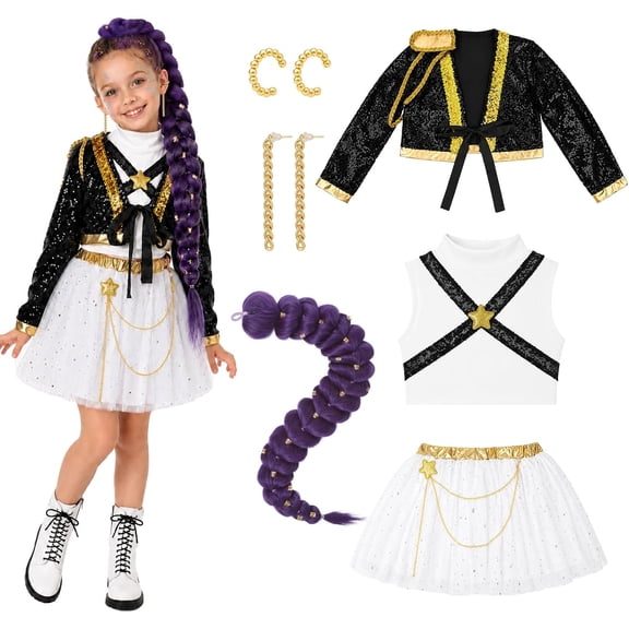 G'irl's Halloween Cosplay Costume, Pop Singer Costume, Sequin Jackets Skirts with Purple Braid for Birthday Party