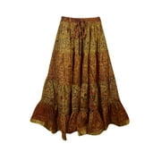 Mogul Womens Yellow Orange Indian Sari Maxi Skirt Tiered Printed Boho Chic Long Skirts