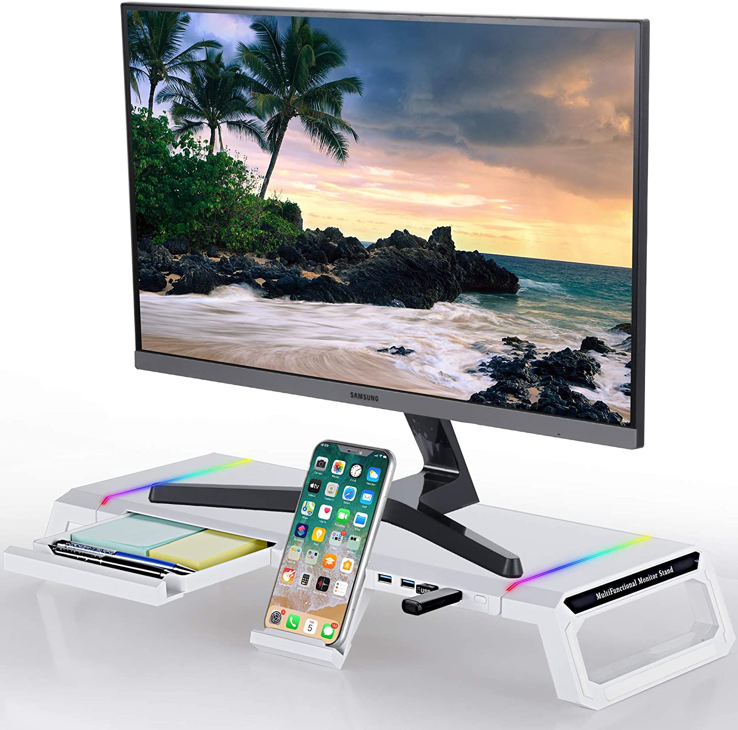 Monitor Stand Riser, TopMate RGB Computer Monitor Riser USB 3.0 Hub, Foldable Monitor Stand with