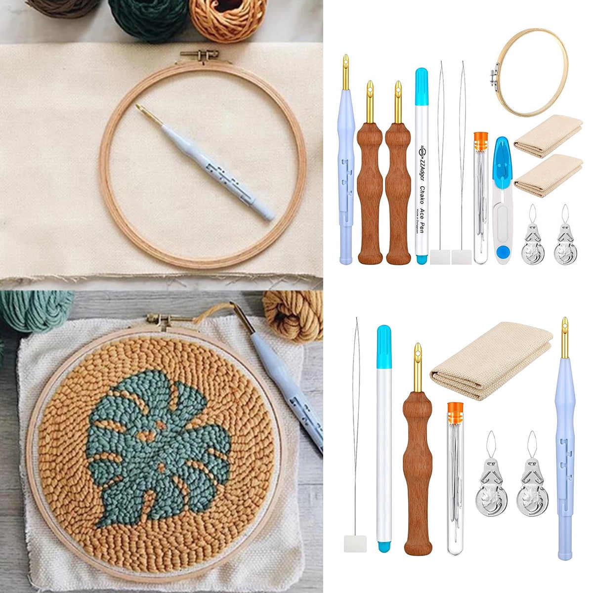 Pllieay 2 Punch Needle Embroidery Starter Kits Include Instructions, Punch Needle Fabric with Yarns, Embroidery Hoops Rug-Punch & Pinch Needle, Other