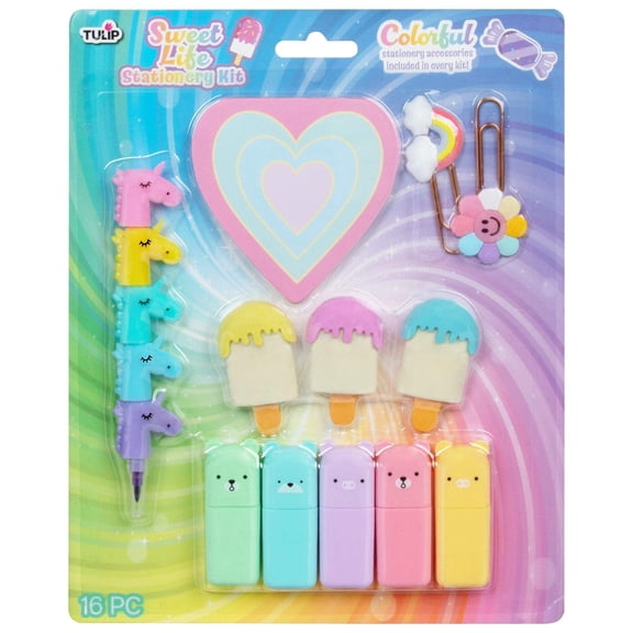 Tulip Sweet Life Stationery Kit, 16 Piece – Pastel Desk Accessories Set with Crayons, Highlighters, Erasers, Paper Clips & Notepad