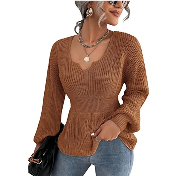 Auburet Womens Long Sleeve Knit Sweater V-Neck Drop Shoulder Babydoll Sweater