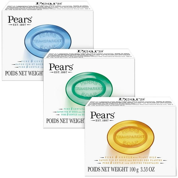 PEARS Soap, Face & Body Soap, Variety Pack – Pure & Gentle Transparent Bar Soap Bundle, Moisturizing Glycerin Soap for Glowing Skin, Amber, Blue, and Green Soap Bars, 3.53 Oz (3 Piece Set)