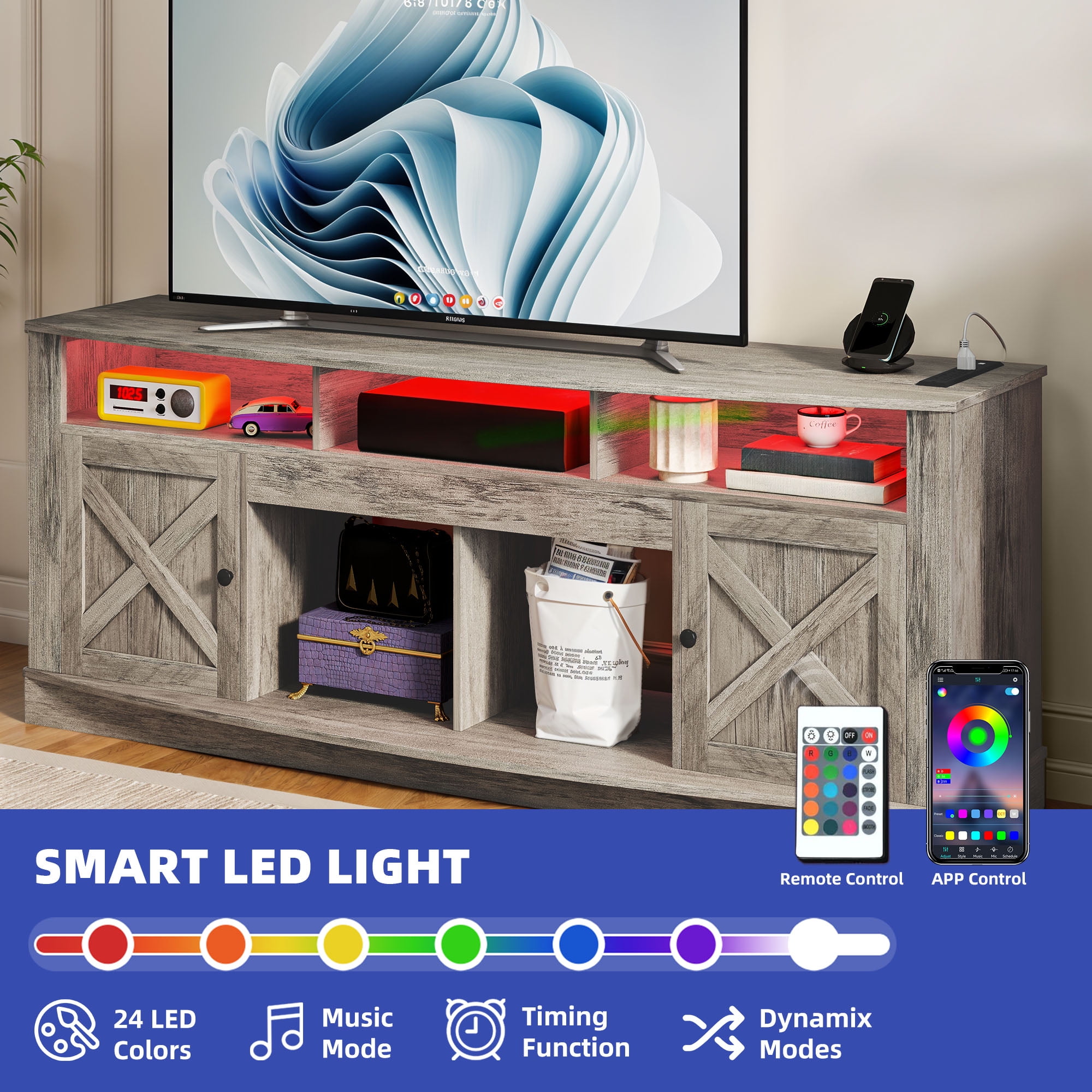 Uforic 70 Inch White Farmhouse TV Stand Suitable for TVs up to 80 Inches for Living Room, Brown